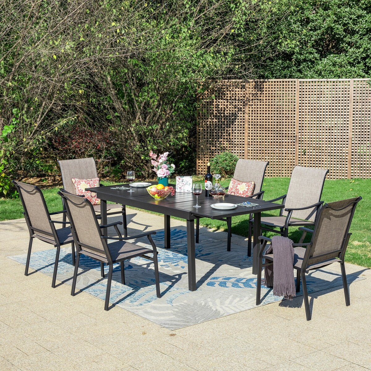 MAISON ARTS 7/9-Piece Patio Dining Set with Metal Expandable Table and Textilene Fabric Padded Armchairs