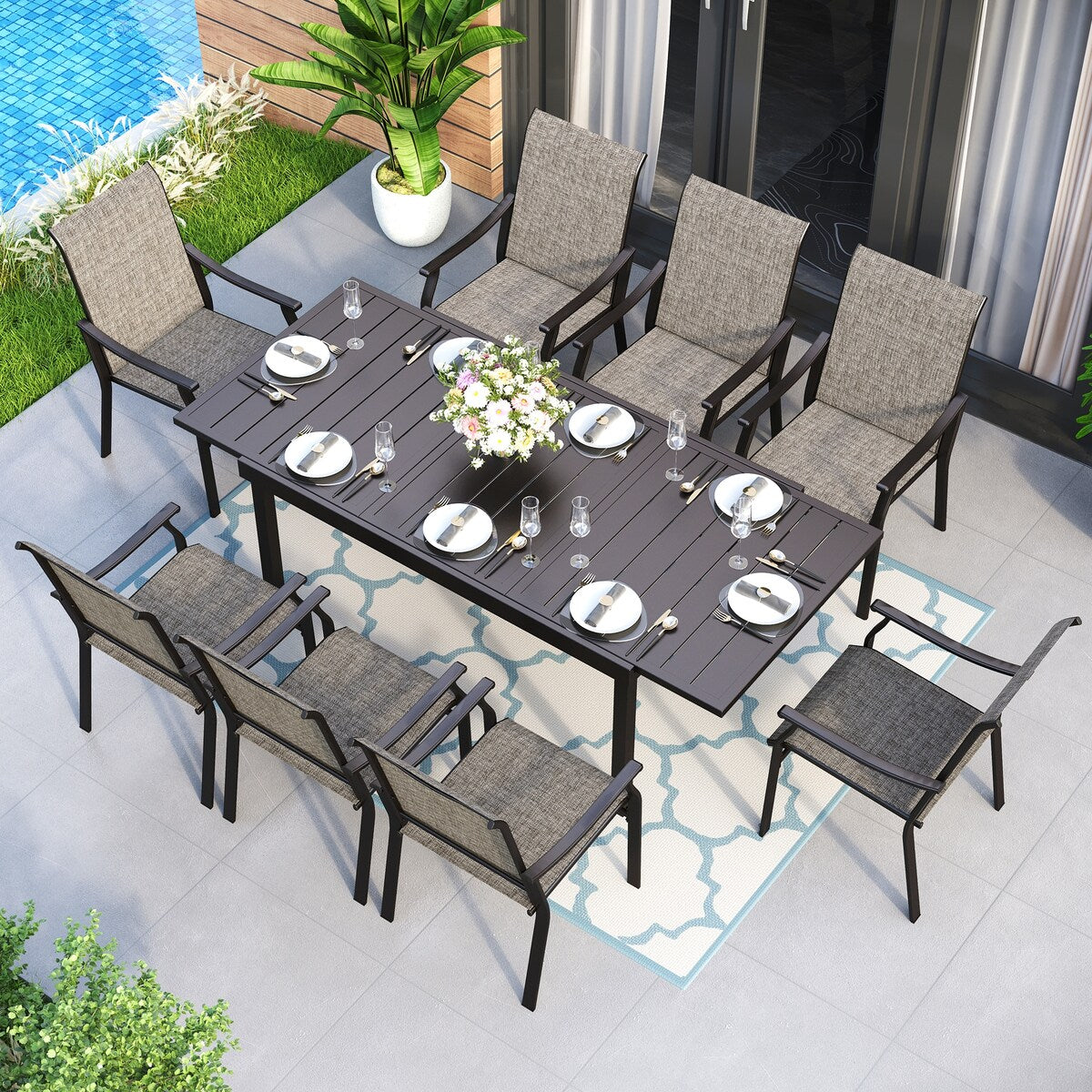 MAISON ARTS 7/9-Piece Patio Dining Set with Metal Expandable Table and Textilene Fabric Padded Armchairs