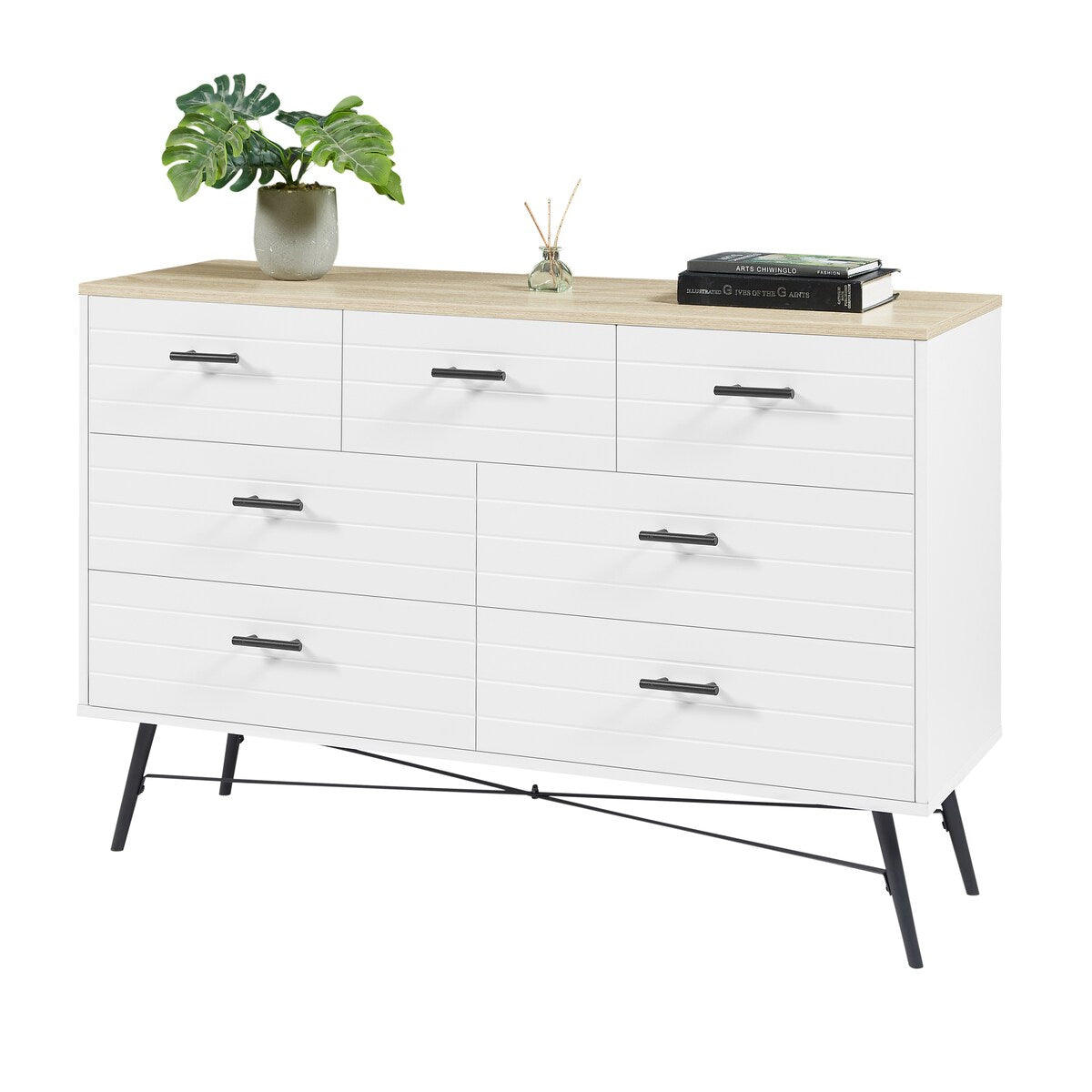 7 Drawer Dresser for Bedroom with Deep Drawers, Wood Dressers & Chest of Drawers, Modern White Long Dressers White & oak