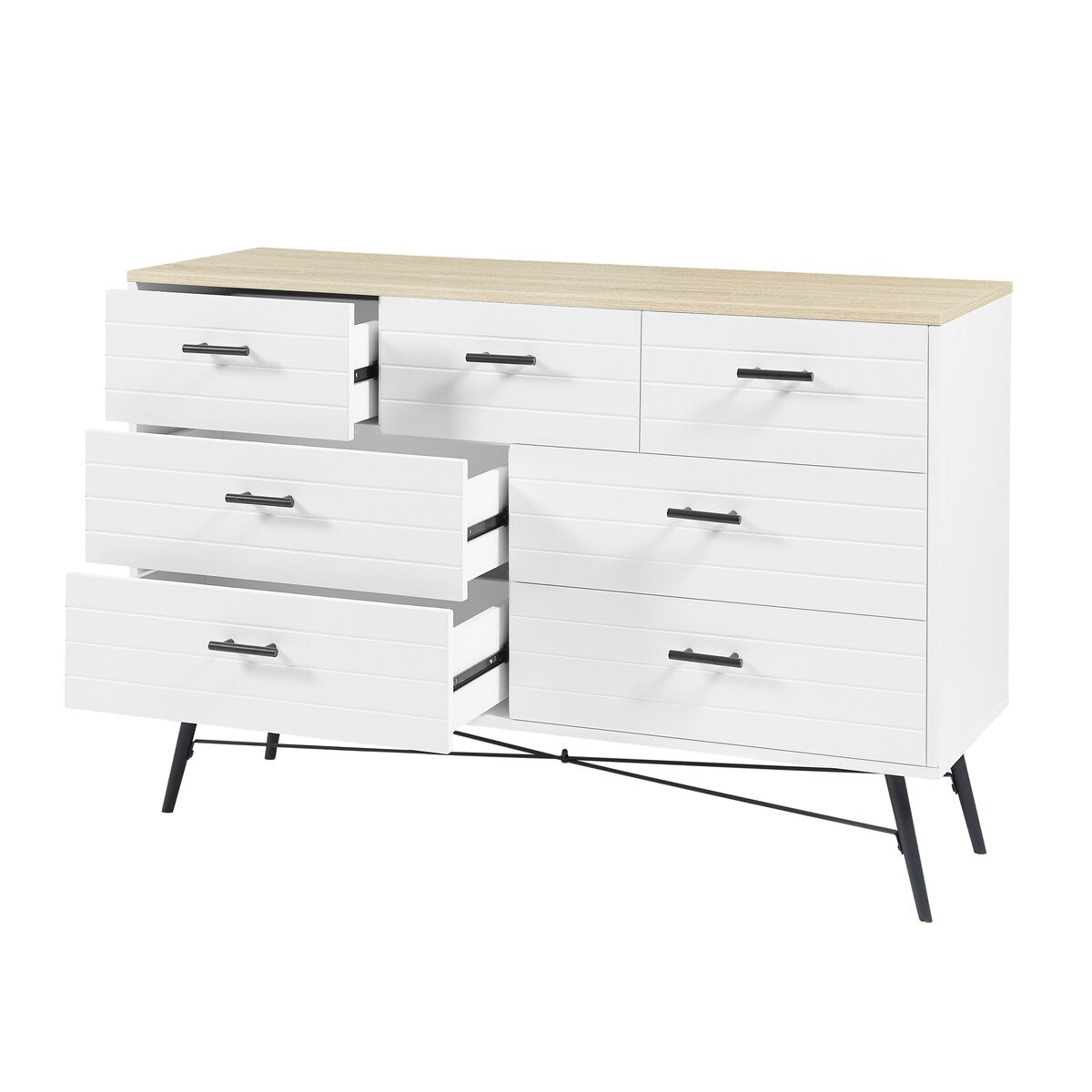 7 Drawer Dresser for Bedroom with Deep Drawers, Wood Dressers & Chest of Drawers, Modern White Long Dressers White & oak