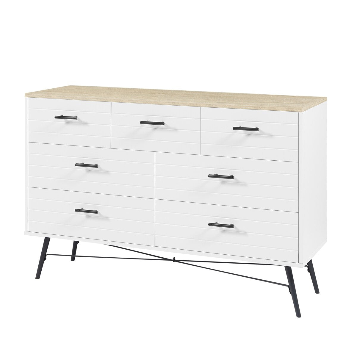 7 Drawer Dresser for Bedroom with Deep Drawers, Wood Dressers & Chest of Drawers, Modern White Long Dressers White & oak