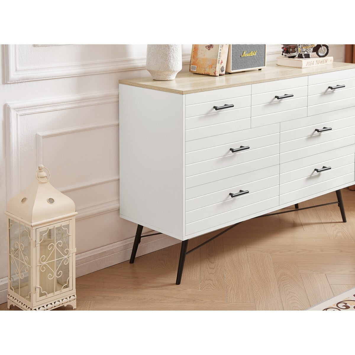 7 Drawer Dresser for Bedroom with Deep Drawers, Wood Dressers & Chest of Drawers, Modern White Long Dressers White & oak