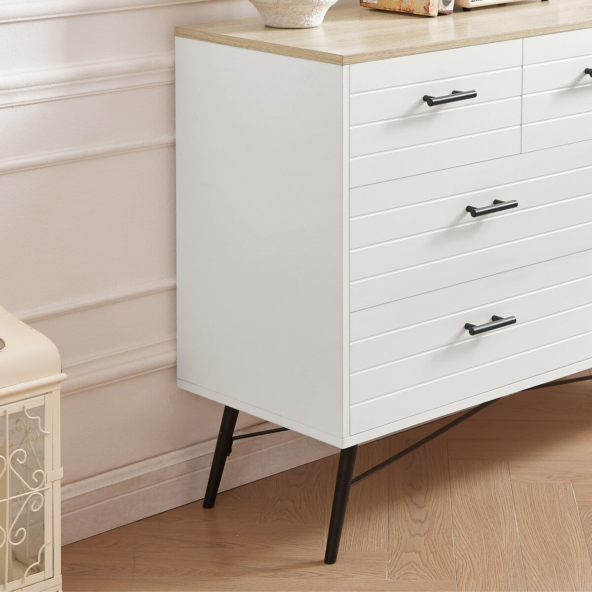 7 Drawer Dresser for Bedroom with Deep Drawers, Wood Dressers & Chest of Drawers, Modern White Long Dressers White & oak