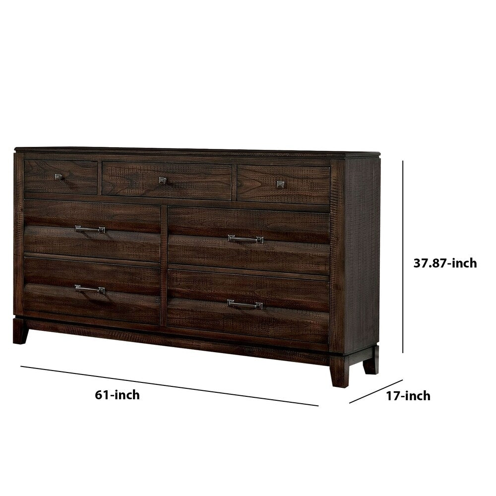 7 Drawer Wooden Dresser with Rough Hewn Texture detail, Brown