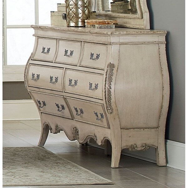 7 Drawers Wooden Dresser With Flared Legs, Antique White