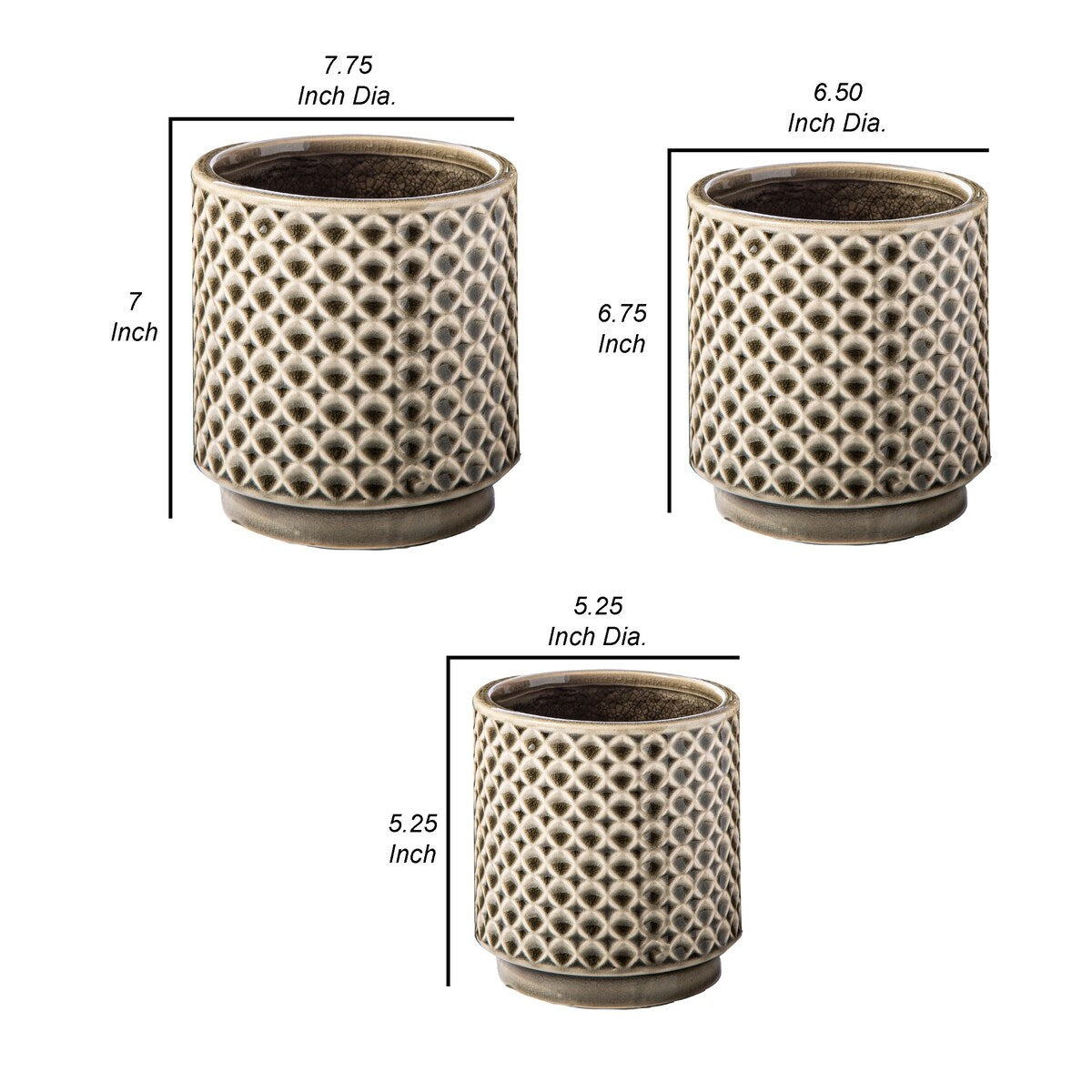 7 Inch Round 3 Piece Ceramic Pot Set with Clover Links Pattern, Beige