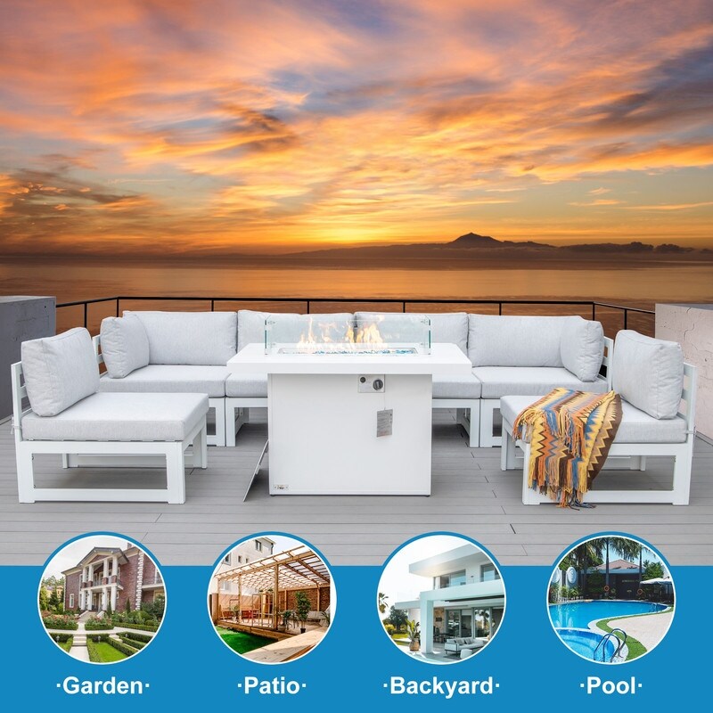 FINCATI 7 Pcs Patio Furniture Set with Firepit Table Outdoor Sectional Sofa