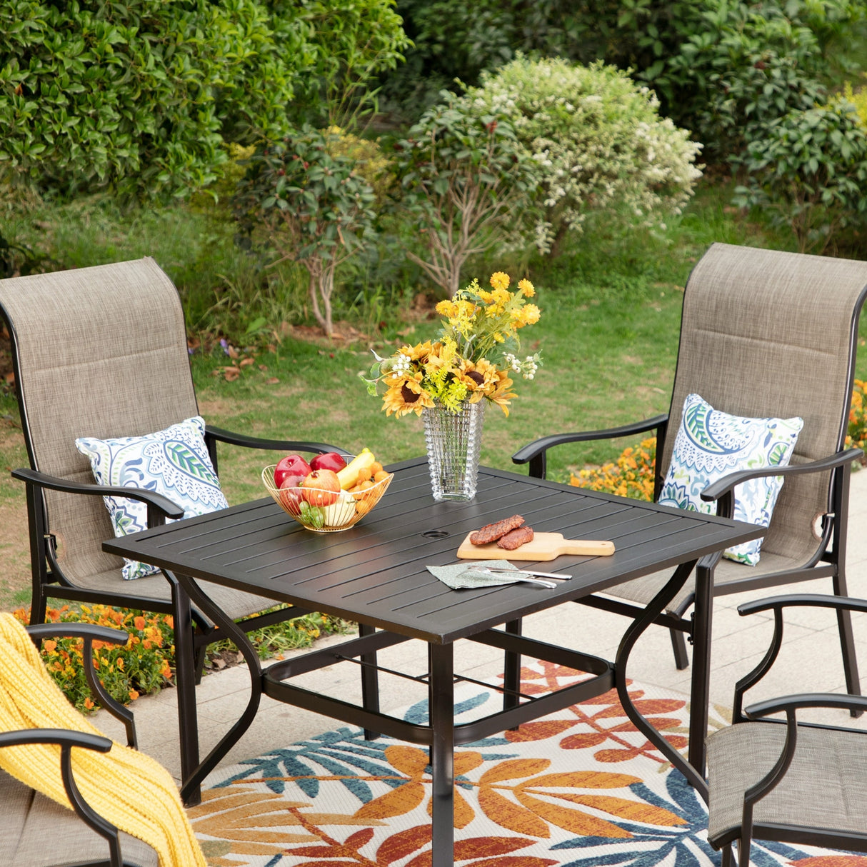 MAISON ARTS 7-Piece / 5-Piece Padded Textilene Chairs with Wave Arms & Metal Table Patio Dining Set
