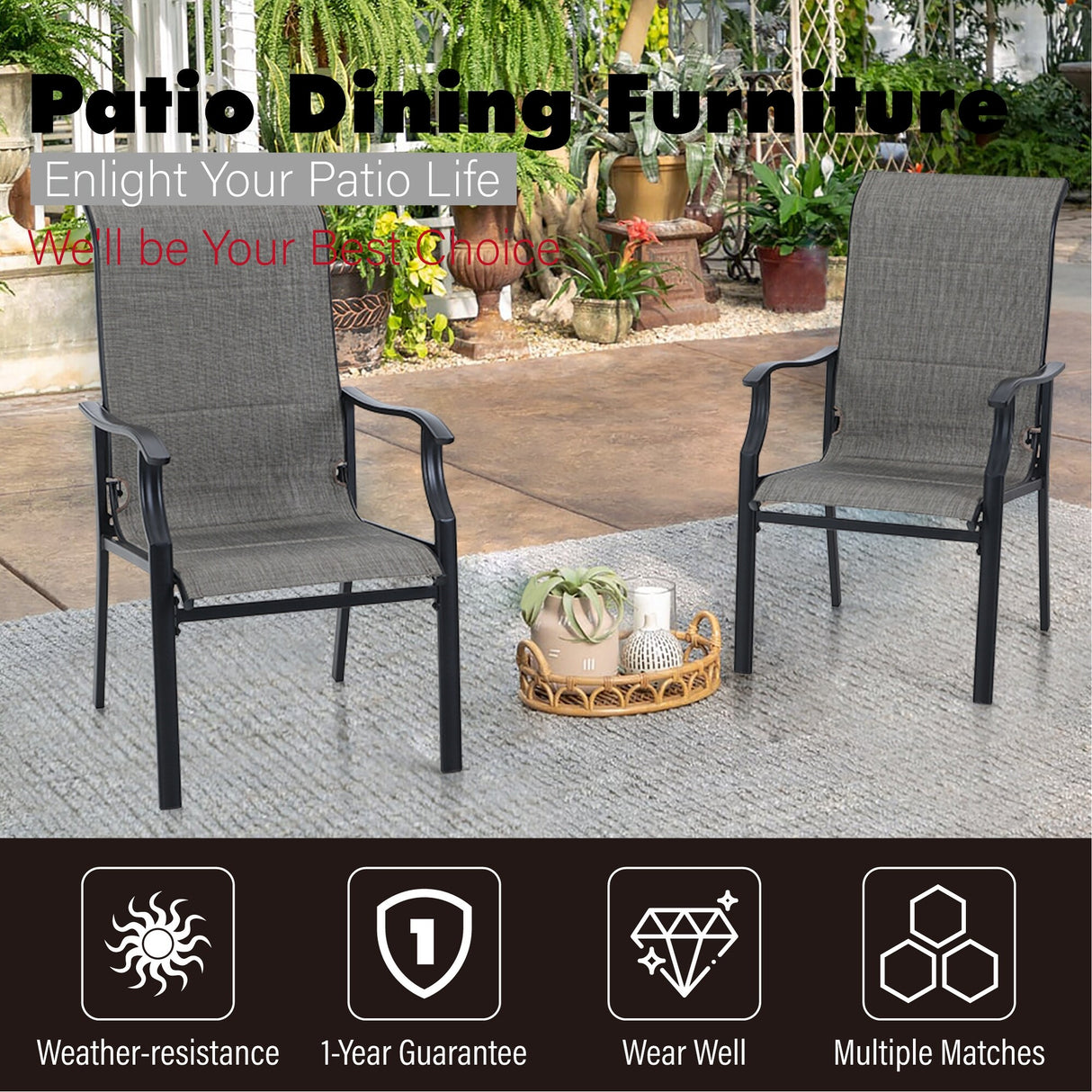 MAISON ARTS 7-Piece / 5-Piece Padded Textilene Chairs with Wave Arms & Metal Table Patio Dining Set