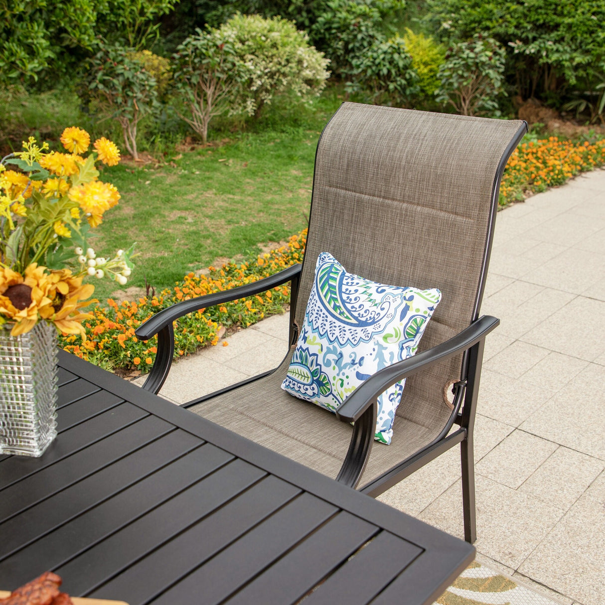 MAISON ARTS 7-Piece / 5-Piece Padded Textilene Chairs with Wave Arms & Metal Table Patio Dining Set