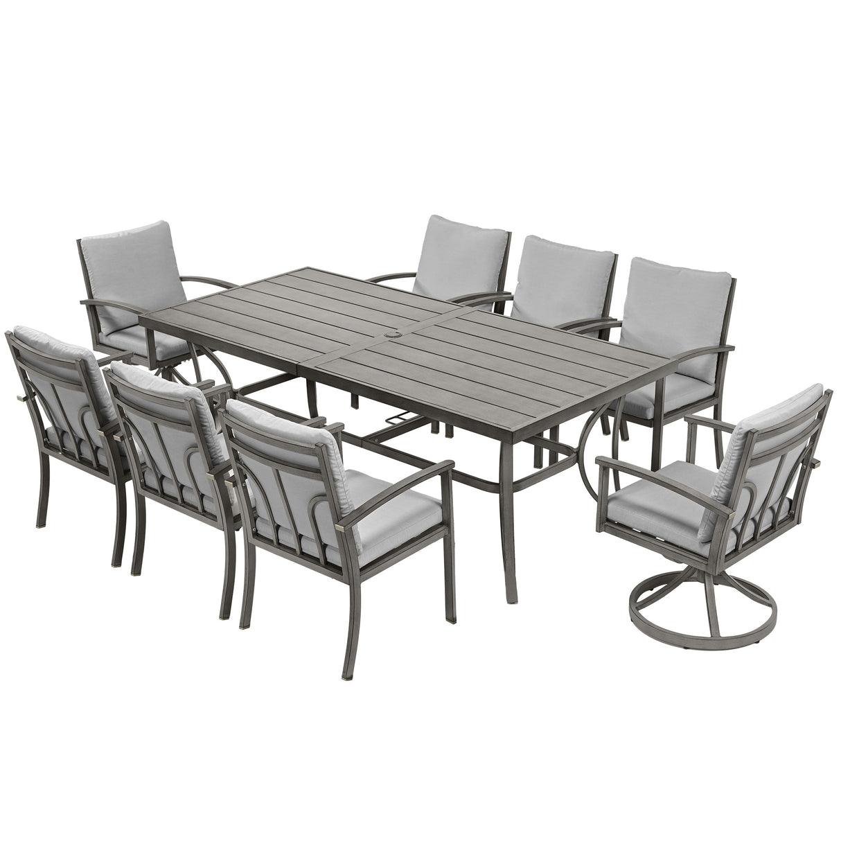 9-Piece Aluminum Patio Dining Set with 2 Swivel Dining Chairs and 6 Dining Chairs and Washable Cushions