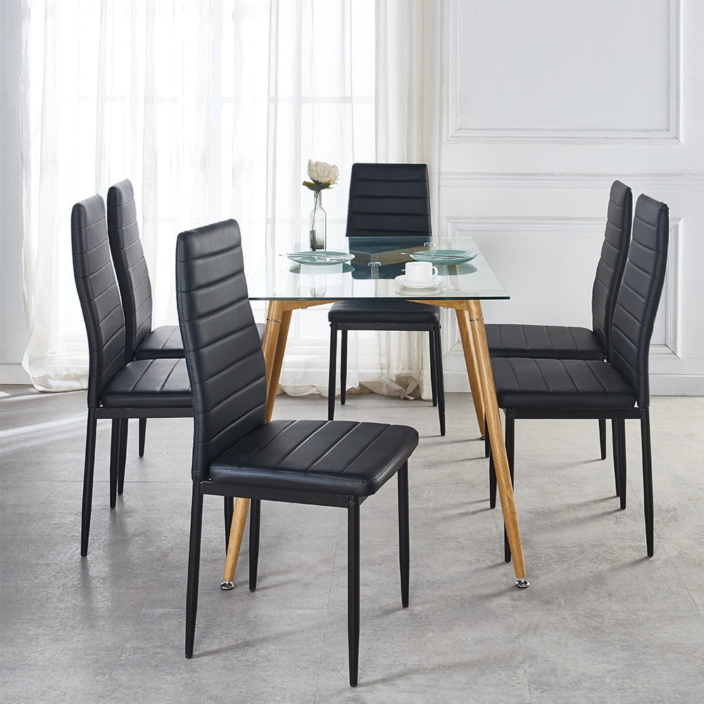 7 Piece Metal Framed Tempered Glass Table with 6 Faux Leather Chairs