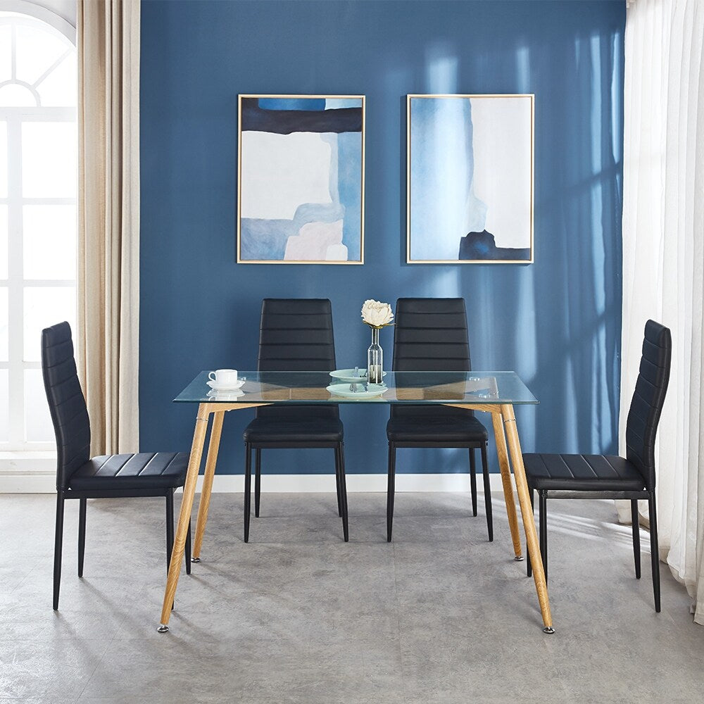 7 Piece Metal Framed Tempered Glass Table with 6 Faux Leather Chairs
