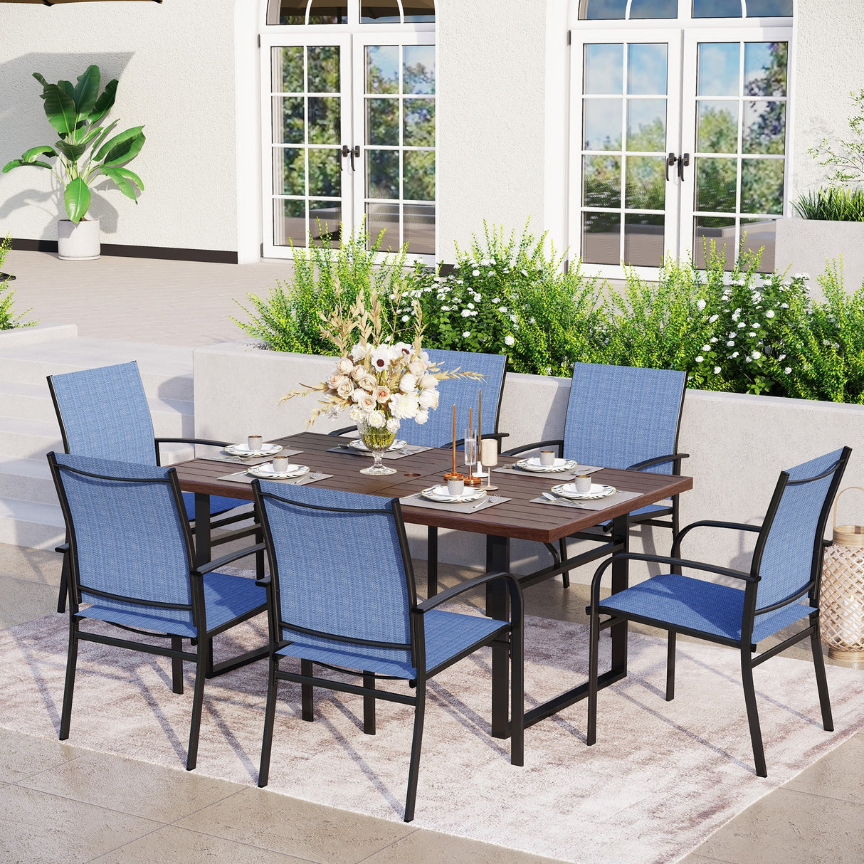 MAISON ARTS 7-Piece Outdoor Dining Set with 6 Textilene Chairs and U-Shaped Leg Table