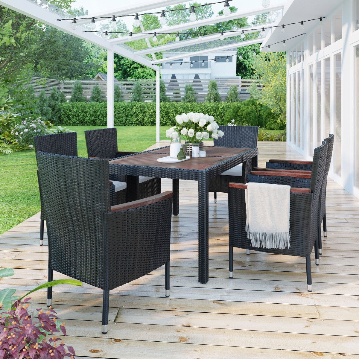 7-Piece Outdoor Patio Dining Set, PE Rattan Wicker Table and Chairs Set