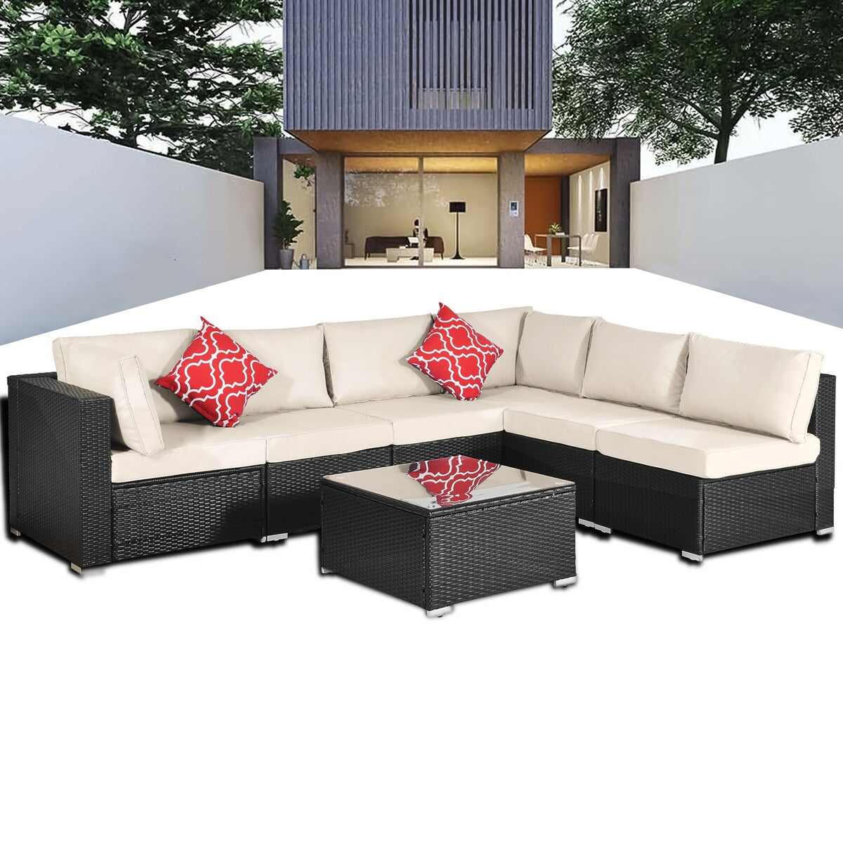 7 Piece Outdoor Sofa Furniture Set, With Cushions And Coffee Table For Your Leisure Time At Sunset Or On Vacation Or Party.
