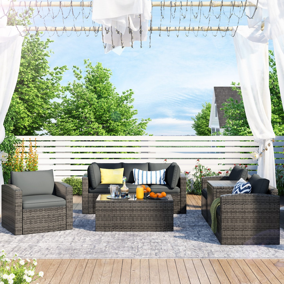 7-Piece PE Rattan Sofa Set with Glass Table and Storage