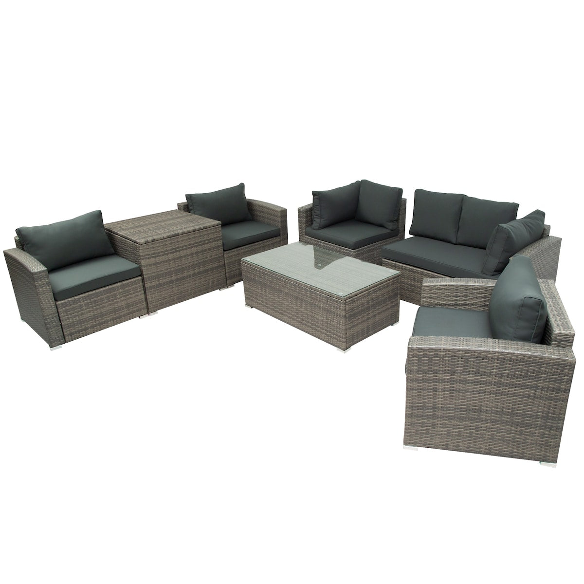 7-Piece PE Rattan Sofa Set with Glass Table and Storage