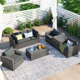7-Piece PE Rattan Sofa Set with Glass Table and Storage
