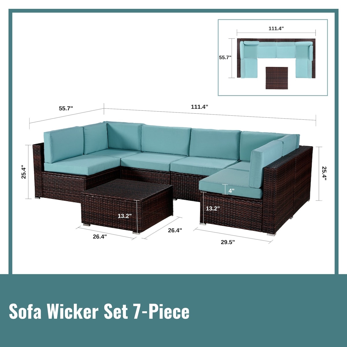 7-Piece PE Rattan Wicker Sectional Sofa Sets Outdoor Garden Patio Conversation Sets with Coffee Table and High Comfort Cushioned