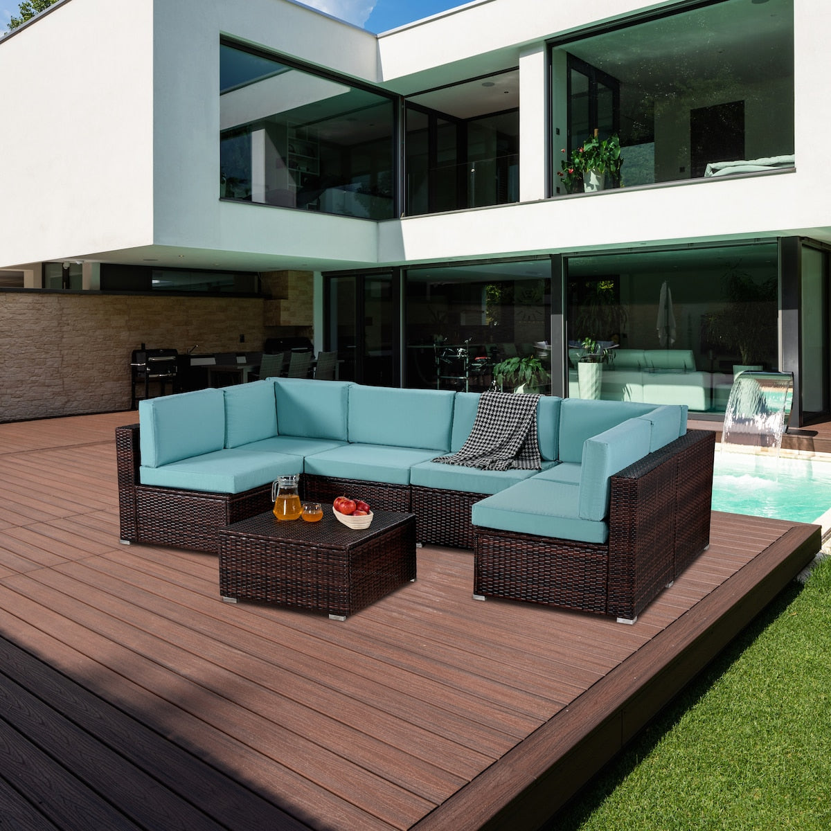 7-Piece PE Rattan Wicker Sectional Sofa Sets Outdoor Garden Patio Conversation Sets with Coffee Table and High Comfort Cushioned