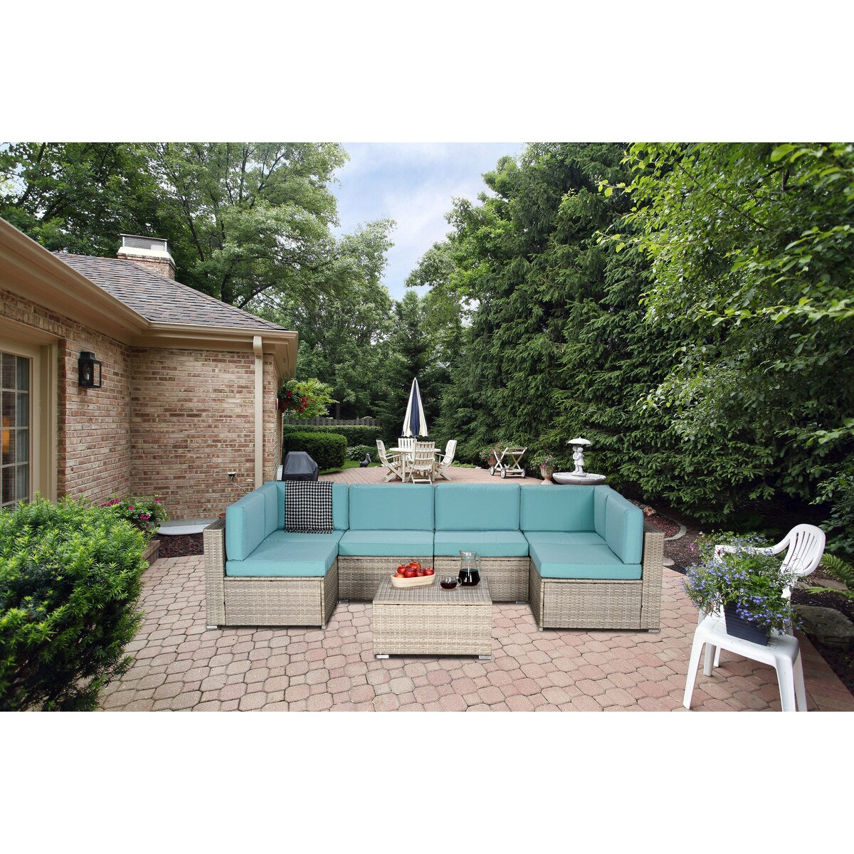 7-Piece PE Rattan Wicker Sectional Sofa Sets Outdoor Garden Patio Conversation Sets with Coffee Table and High Comfort Cushioned