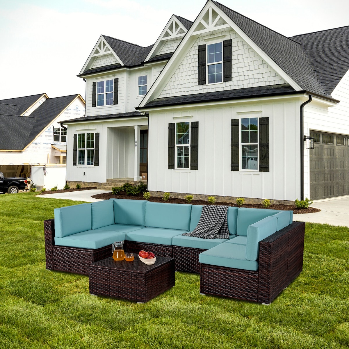 7-Piece PE Rattan Wicker Sectional Sofa Sets Outdoor Garden Patio Conversation Sets with Coffee Table and High Comfort Cushioned