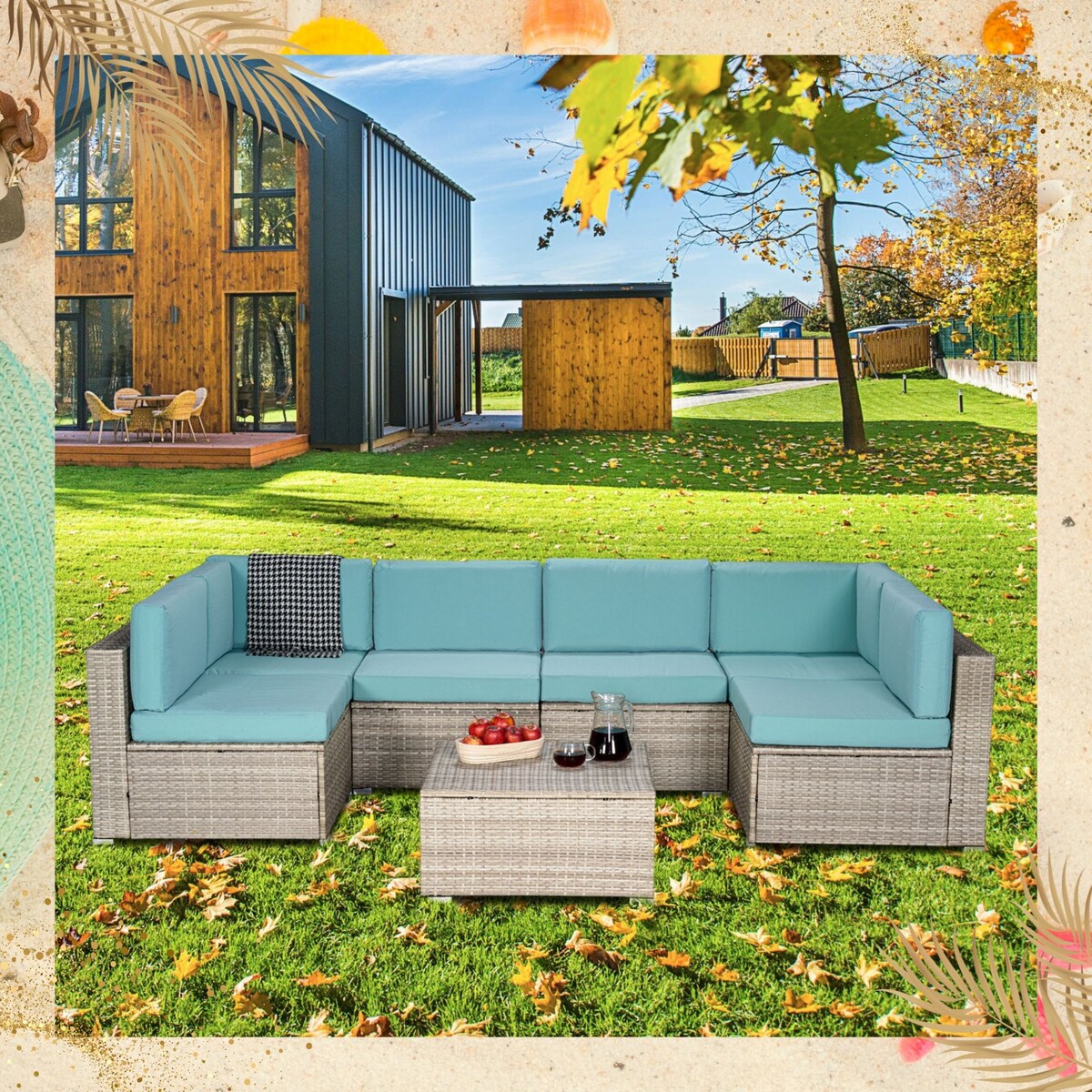 7-Piece PE Rattan Wicker Sectional Sofa Sets Outdoor Garden Patio Conversation Sets with Coffee Table and High Comfort Cushioned