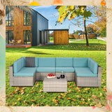 7-Piece PE Rattan Wicker Sectional Sofa Sets Outdoor Garden Patio Conversation Sets with Coffee Table and High Comfort Cushioned