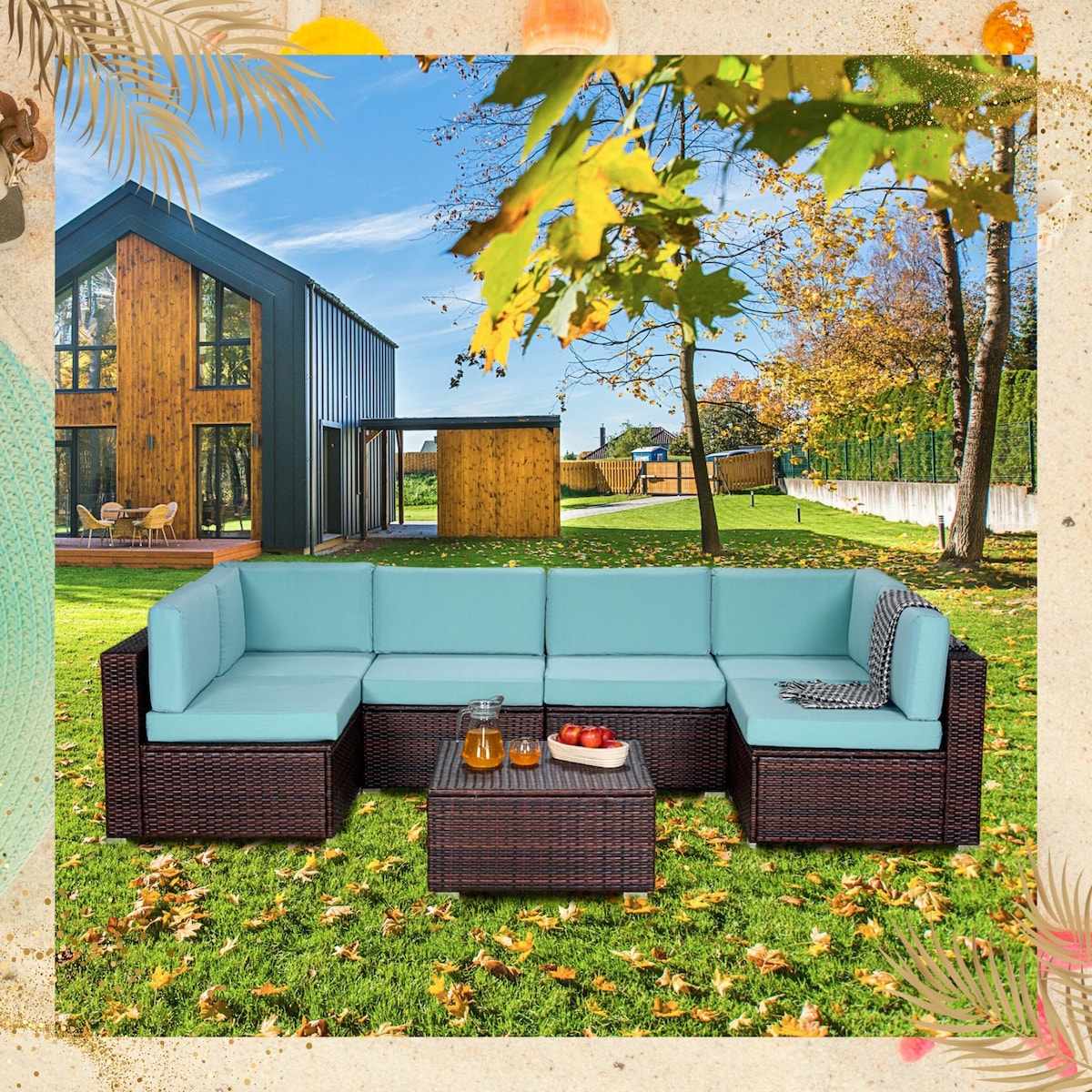 7-Piece PE Rattan Wicker Sectional Sofa Sets Outdoor Garden Patio Conversation Sets with Coffee Table and High Comfort Cushioned
