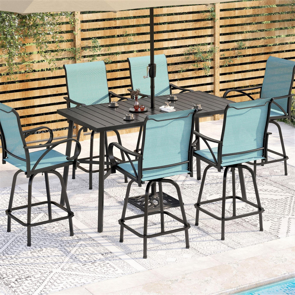 MAISON ARTS 7-Piece Patio Bar Stool Set Wood-grain Bar Table & Aqua Textilene Swivel Stools