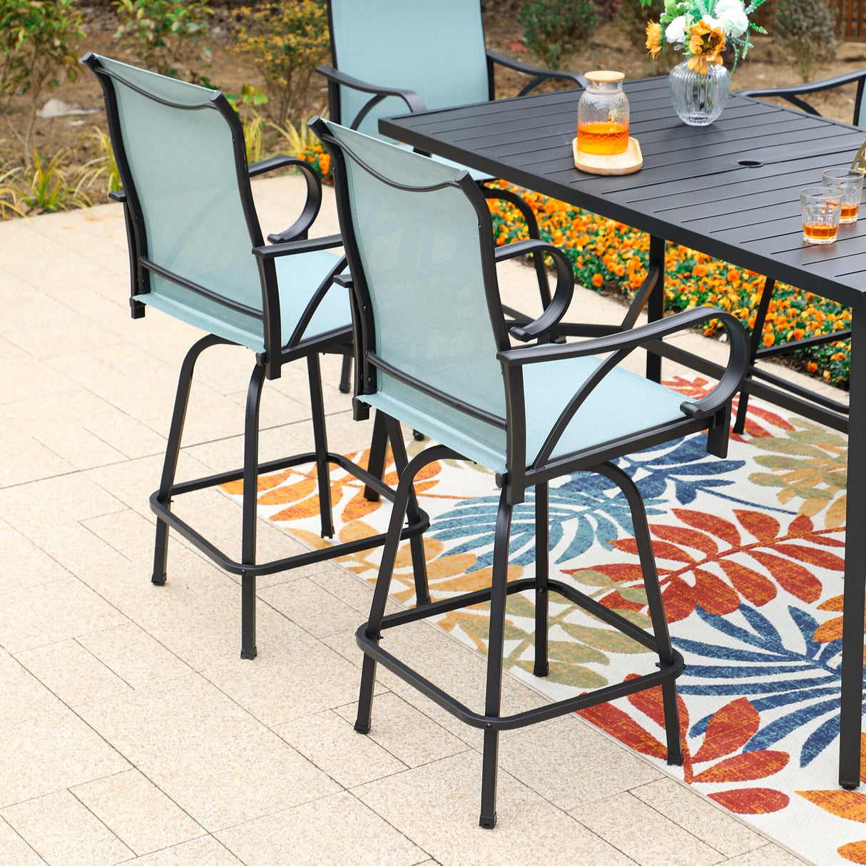 MAISON ARTS 7-Piece Patio Bar Stool Set Wood-grain Bar Table & Aqua Textilene Swivel Stools