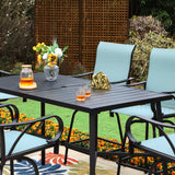MAISON ARTS 7-Piece Patio Bar Stool Set Wood-grain Bar Table & Aqua Textilene Swivel Stools