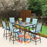 MAISON ARTS 7-Piece Patio Bar Stool Set Wood-grain Bar Table & Aqua Textilene Swivel Stools