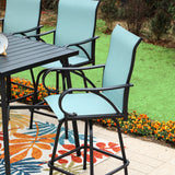 MAISON ARTS 7-Piece Patio Bar Stool Set Wood-grain Bar Table & Aqua Textilene Swivel Stools