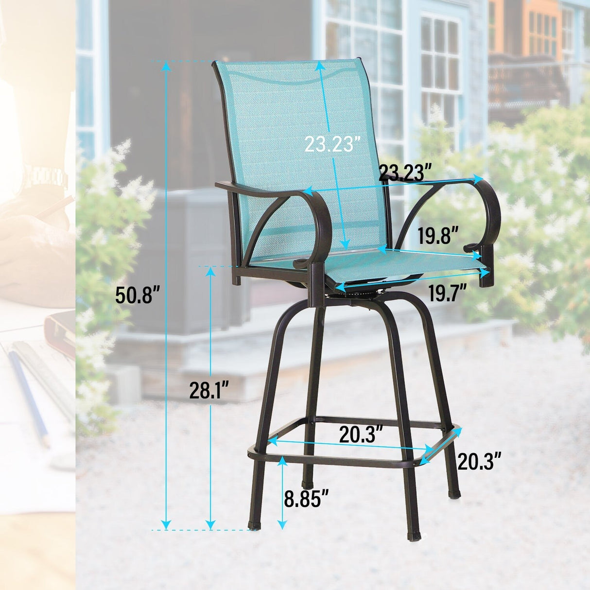 MAISON ARTS 7-Piece Patio Bar Stool Set Wood-grain Bar Table & Aqua Textilene Swivel Stools