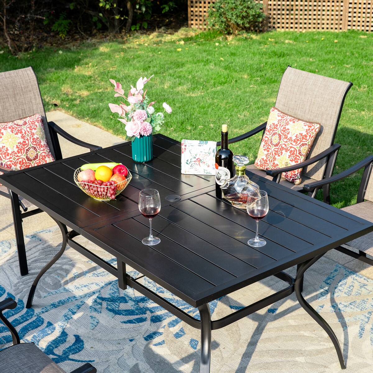 MAISON ARTS 7-Piece Patio Dining Set, Rectangle Metal Table and 6 Textilene Fabric Padded Armchairs