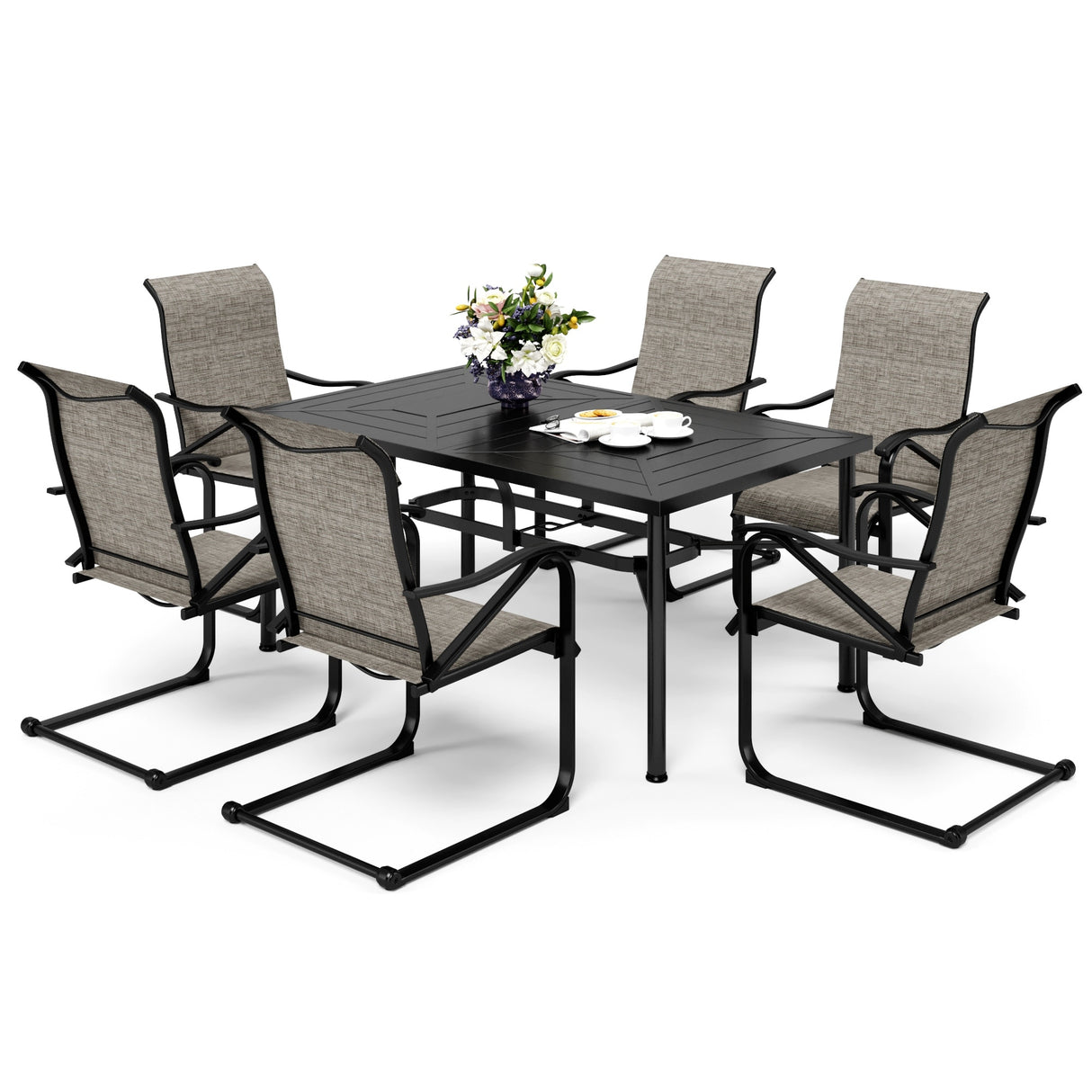 7-Piece Patio Dining Sets , 6 Textilene Fabirc Chairs and 1 Metal Table with 2.1'' Umbrella Hole