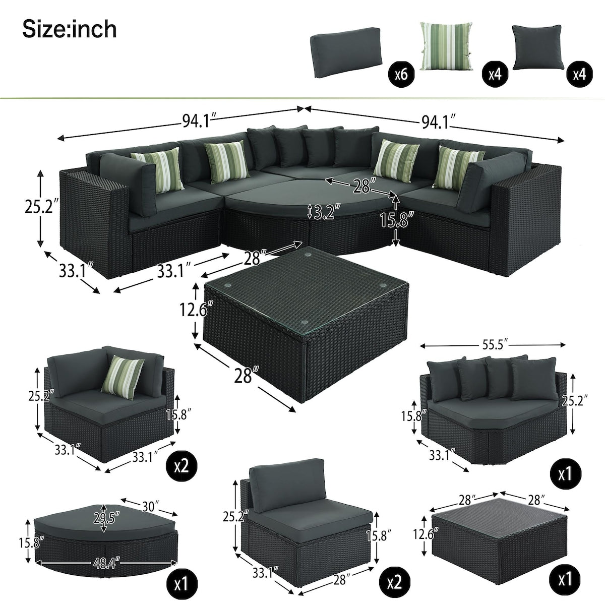 7-Piece Rattan Outdoor Wicker Conversation Sofa Set with Striped Green Pillows for Patio, Garden, Deck, Green