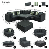 7-Piece Rattan Outdoor Wicker Conversation Sofa Set with Striped Green Pillows for Patio, Garden, Deck, Green