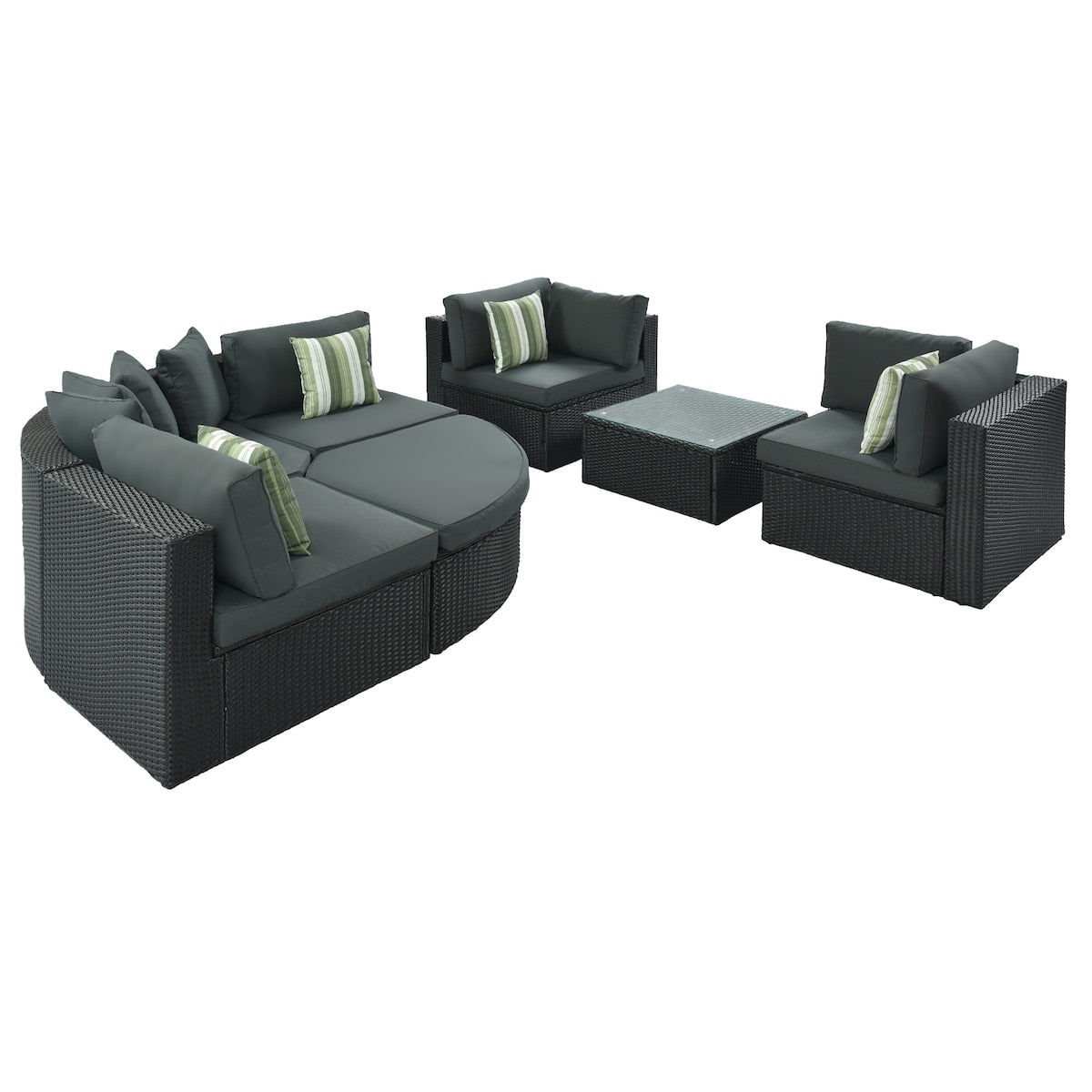 7-Piece Rattan Outdoor Wicker Conversation Sofa Set with Striped Green Pillows for Patio, Garden, Deck, Green