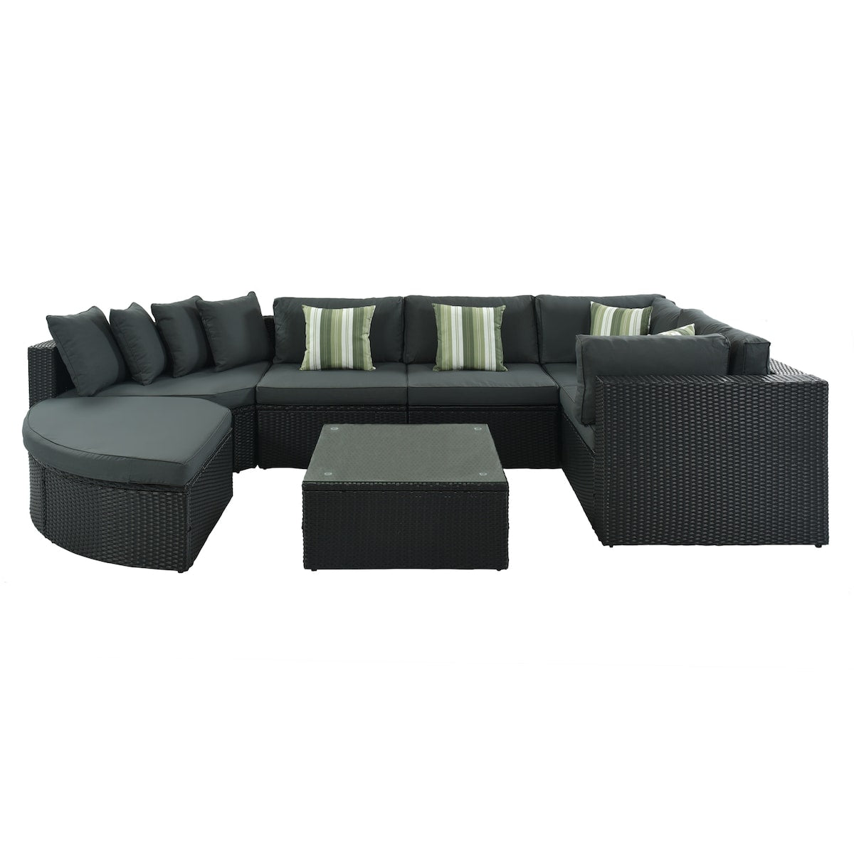 7-Piece Rattan Outdoor Wicker Conversation Sofa Set with Striped Green Pillows for Patio, Garden, Deck, Green