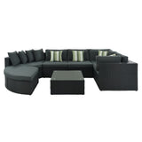 7-Piece Rattan Outdoor Wicker Conversation Sofa Set with Striped Green Pillows for Patio, Garden, Deck, Green