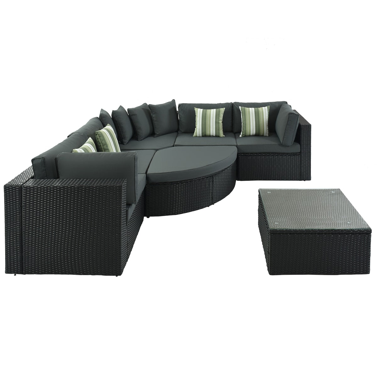 7-Piece Rattan Outdoor Wicker Conversation Sofa Set with Striped Green Pillows for Patio, Garden, Deck, Green