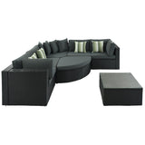7-Piece Rattan Outdoor Wicker Conversation Sofa Set with Striped Green Pillows for Patio, Garden, Deck, Green