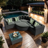 7-Piece Rattan Outdoor Wicker Conversation Sofa Set with Striped Green Pillows for Patio, Garden, Deck, Green