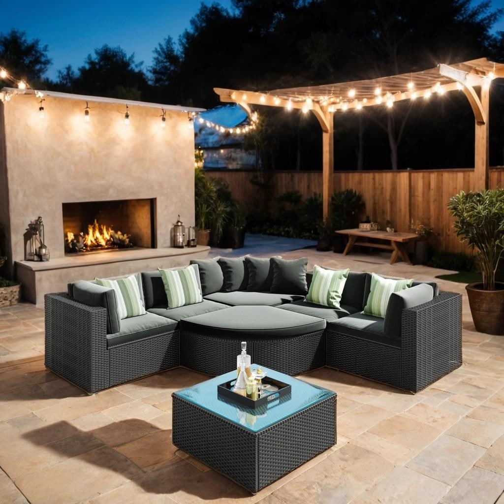 7-Piece Rattan Outdoor Wicker Conversation Sofa Set with Striped Green Pillows for Patio, Garden, Deck, Green