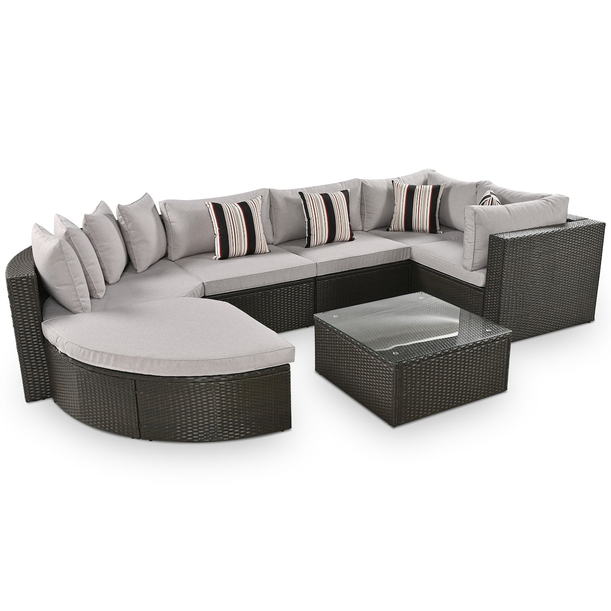 7-Piece Rattan Outdoor Wicker Conversation Sofa Set with Striped Green Pillows for Patio, Garden, Deck, Grey