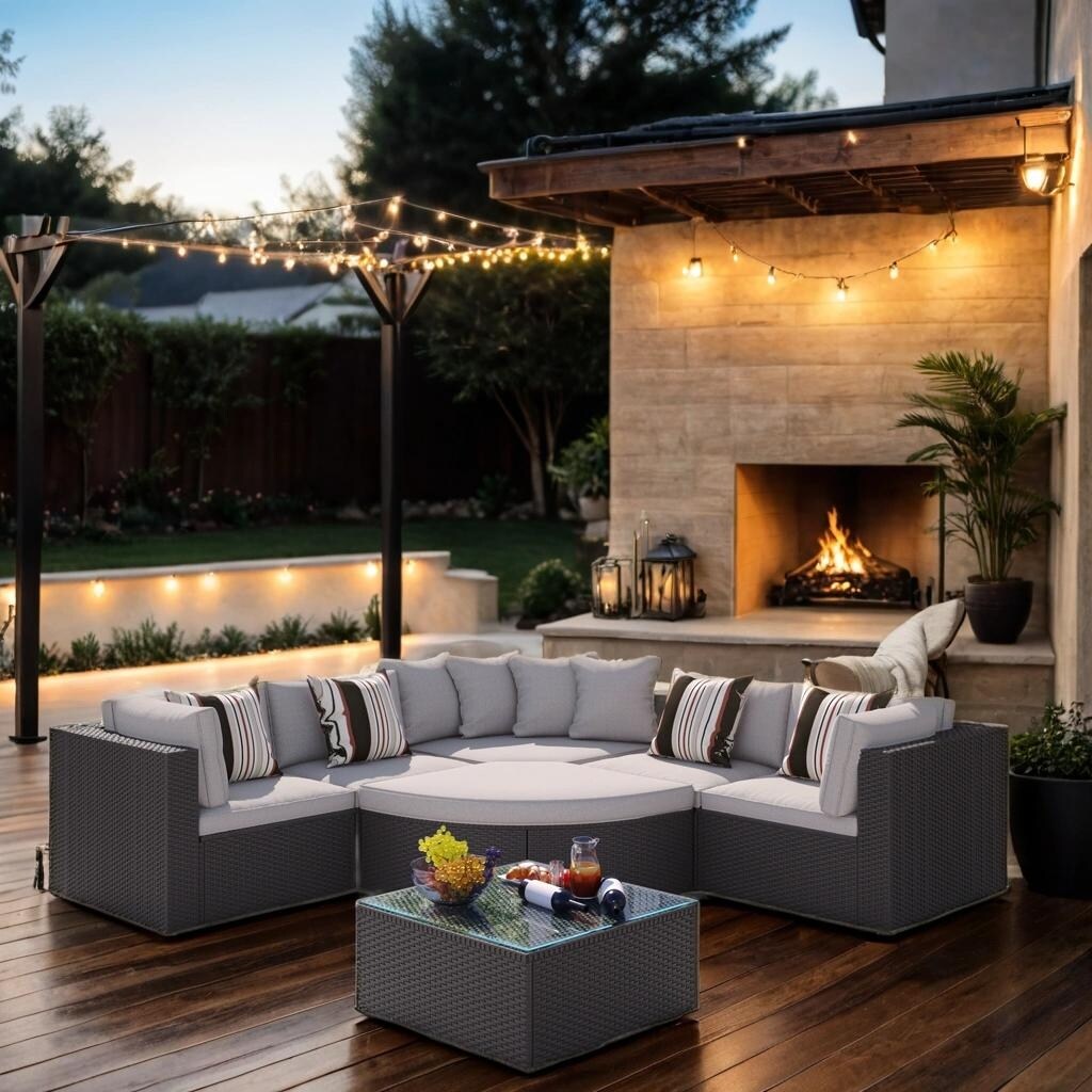 7-Piece Rattan Outdoor Wicker Conversation Sofa Set with Striped Green Pillows for Patio, Garden, Deck, Grey