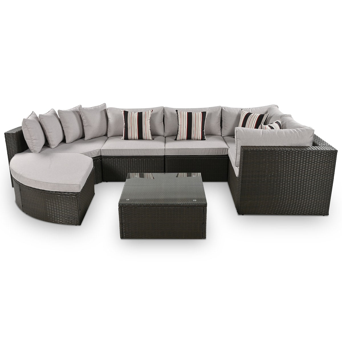 7-Piece Rattan Outdoor Wicker Conversation Sofa Set with Striped Green Pillows for Patio, Garden, Deck, Grey